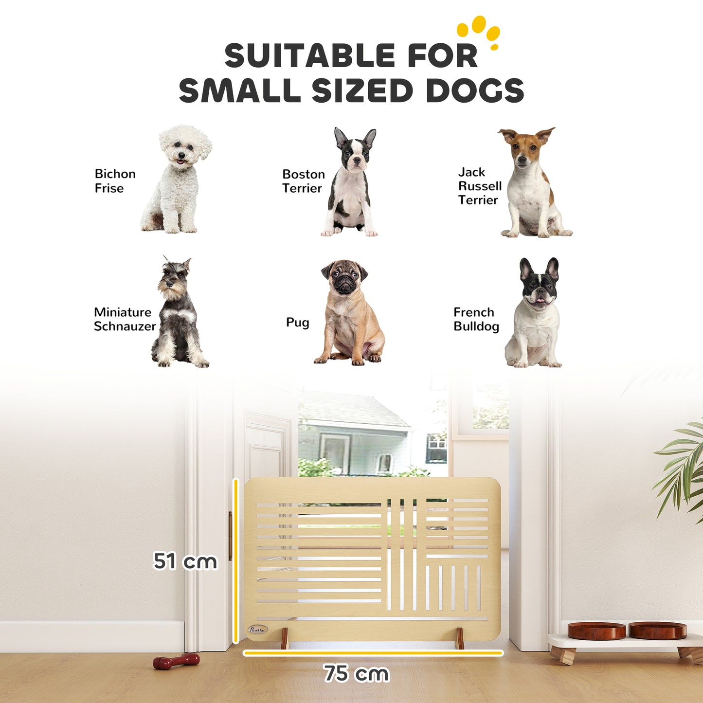 Freestanding Pet Gate, Portable Dog Barrier Gate with Feet for Small Breeds, 75 x 51 cm, Natural Wood
