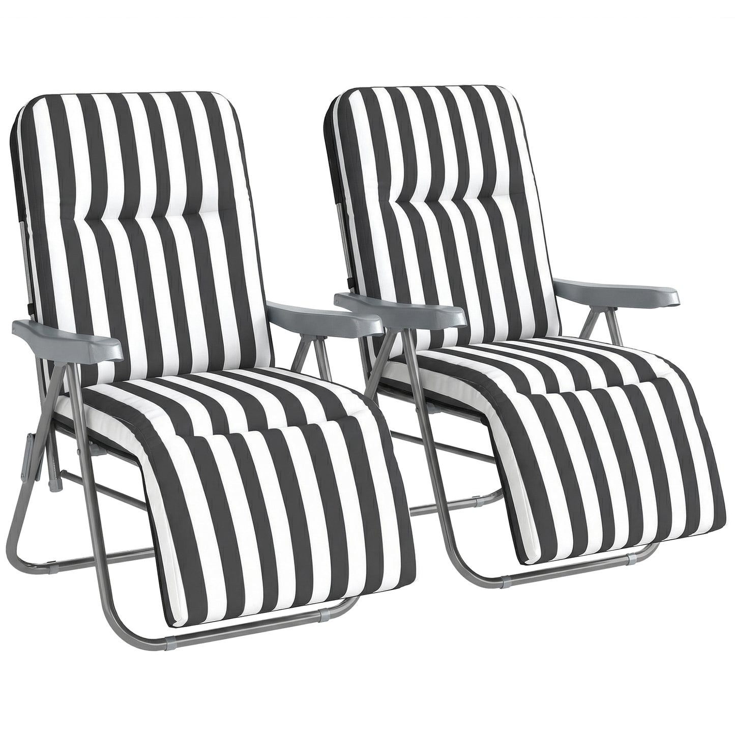Set of 2 Foldable Patio Sun Lounger with Adjustable Backrest and Cushion, Grey and White