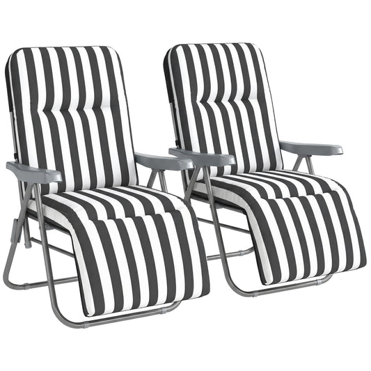 Set of 2 Foldable Patio Sun Lounger with Adjustable Backrest and Cushion, Grey and White