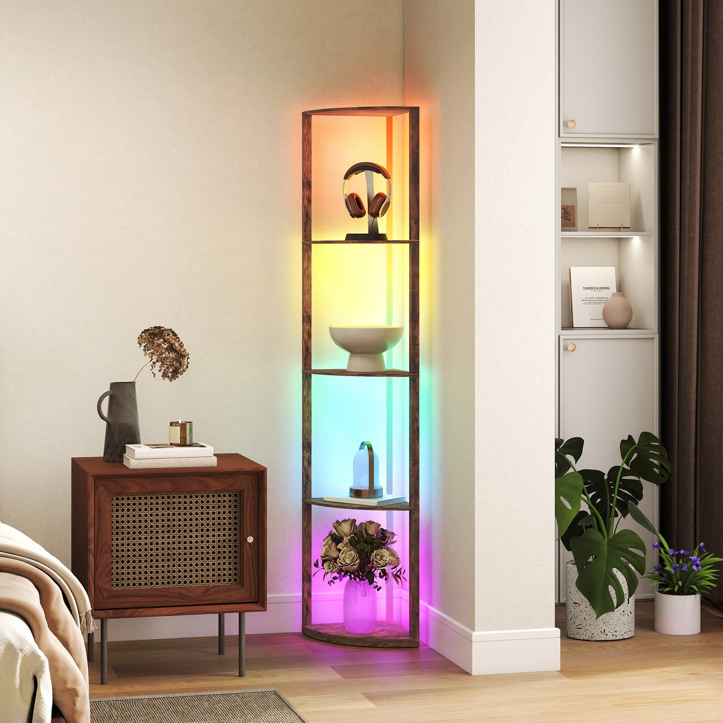 RGB Standing Lamp with Shelves, 4-Tier LED Floor Lamp with Multiple Lighting Modes, Rustic Brown
