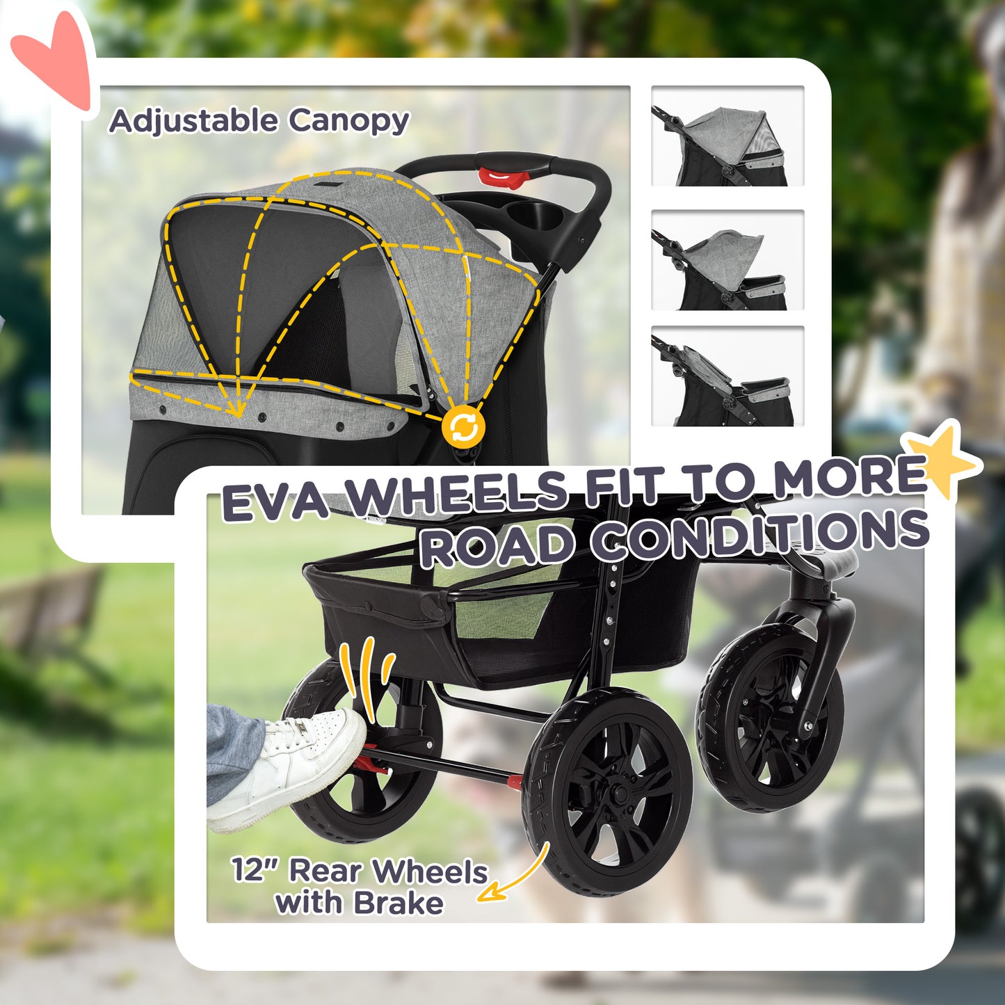 Dog Stroller Pram, 3-Wheel Foldable Pet Stroller with Invisible Sky Roof, for Small Dogs & Cats, Red