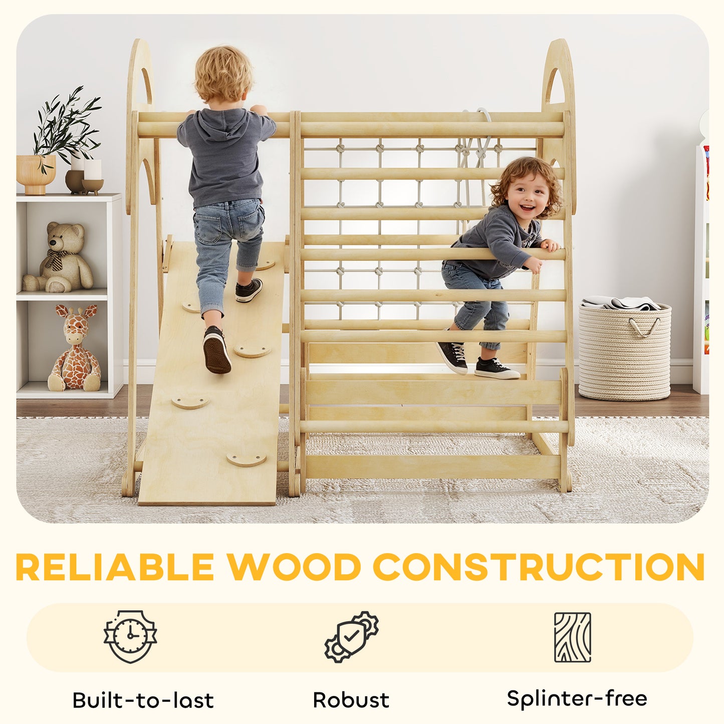 6 in 1 Kids Climbing Frame with Slide, Monkey Bars, Gymnastics Rings, Ladder, Climbing Net, for 3-6 Years, Natural Tone