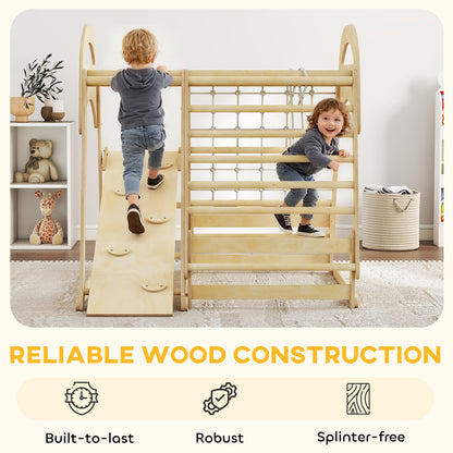 6 in 1 Kids Climbing Frame with Slide, Monkey Bars, Gymnastics Rings, Ladder, Climbing Net, for 3-6 Years, Natural Tone