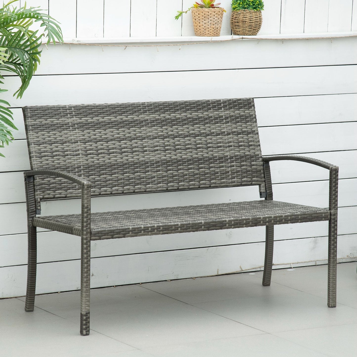 2 Seater Poly Rattan Garden Bench, All Weather Wicker Garden Loveseat, Outdoor Seating Bench with 240 Load Capacity