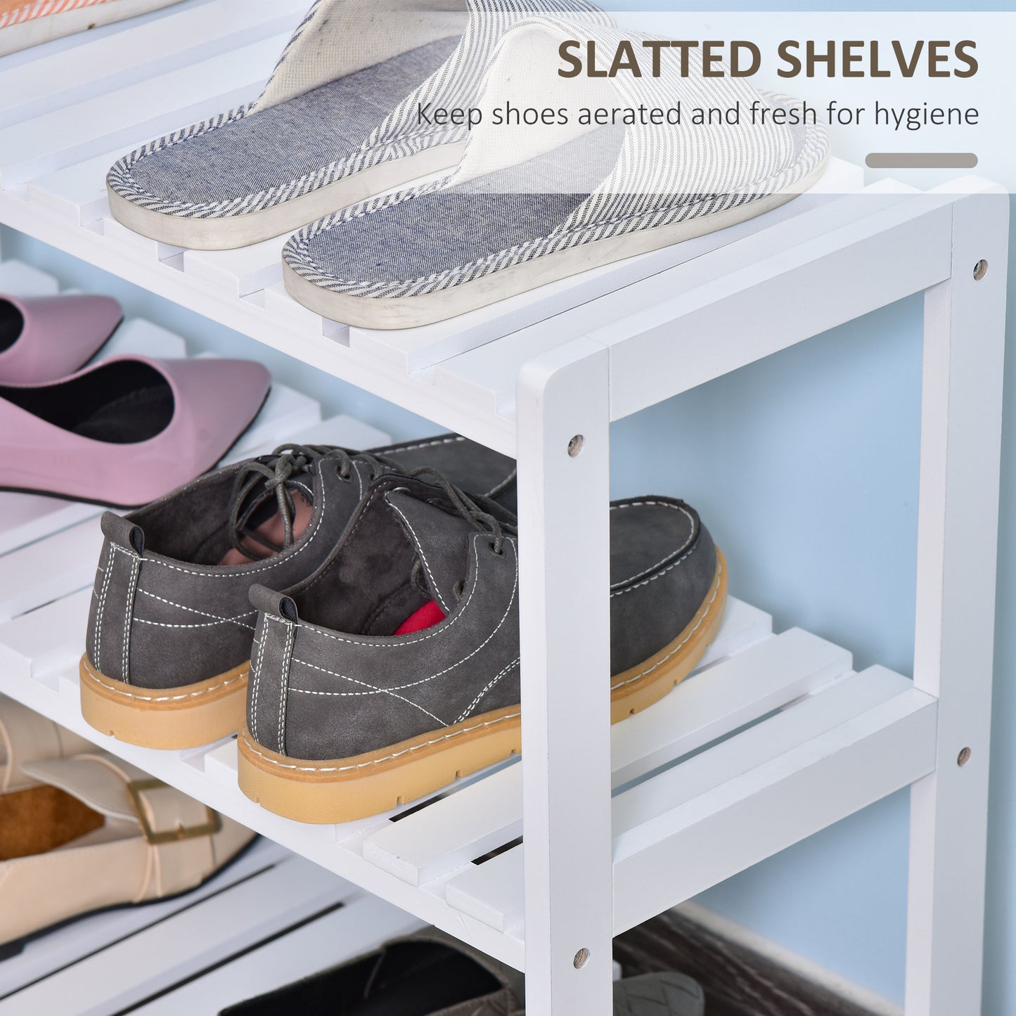 3-Tier Shoe Rack Wood Frame Slatted Shelves Spacious Open Hygienic Storage Home Hallway Furniture Family Guests 70L x 26W x 5