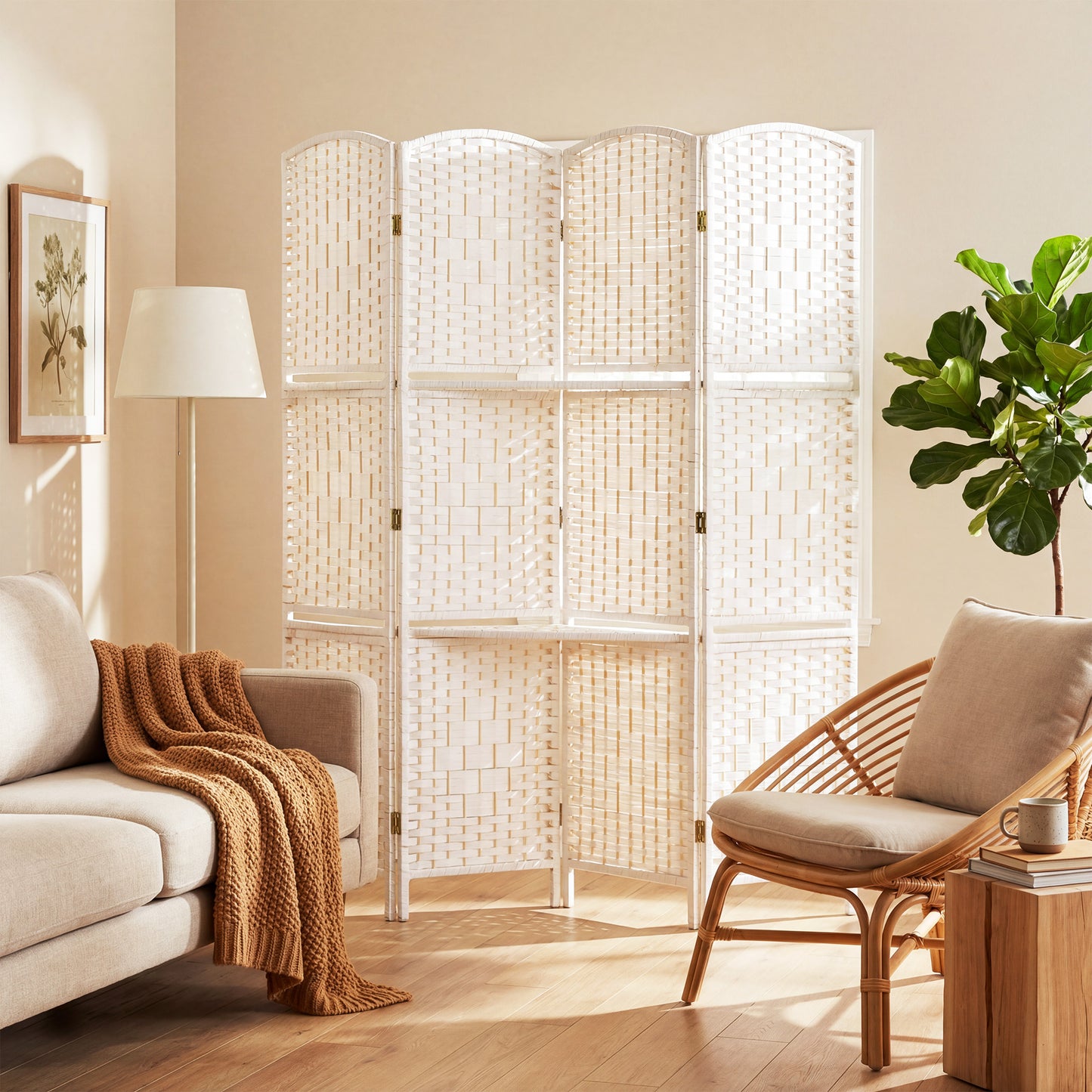 Freestanding Privacy Screen, 4 Panel Folding Room Divider for Living Room, Bedroom and Office, 160 x 170cm, White
