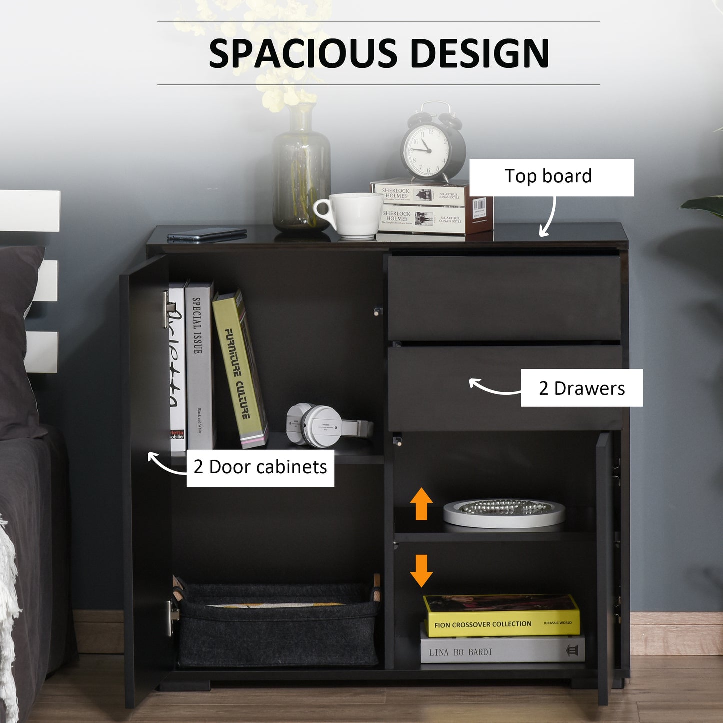High Gloss Frame Sideboard, Push-Open Design with 2 Drawers for Living Room, Bedroom, 74H x 79W x 36Dcm, Black