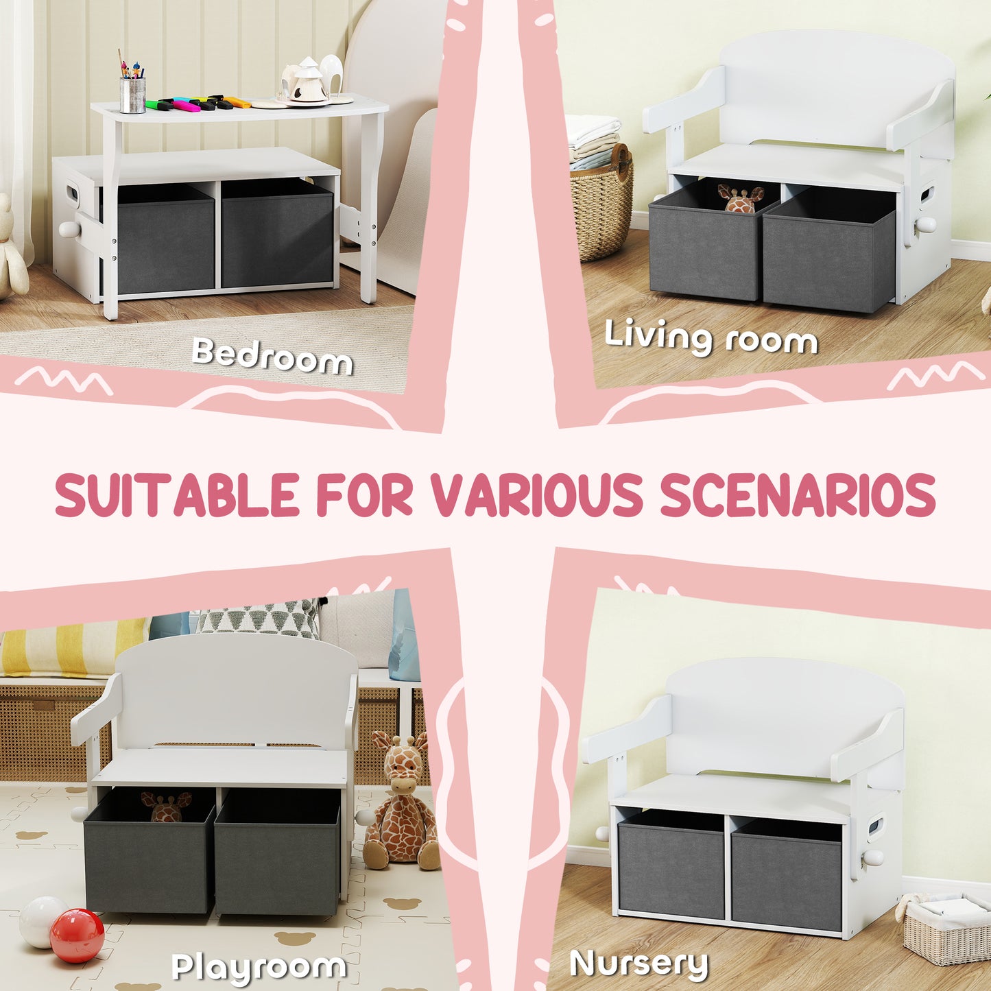 3 in 1 Kids Storage Bench, Convertible Children Table and Chair Set with 2 Fabric Bins, Toy Storage Box, White