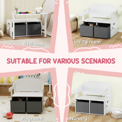 3 in 1 Kids Storage Bench, Convertible Children Table and Chair Set with 2 Fabric Bins, Toy Storage Box, White