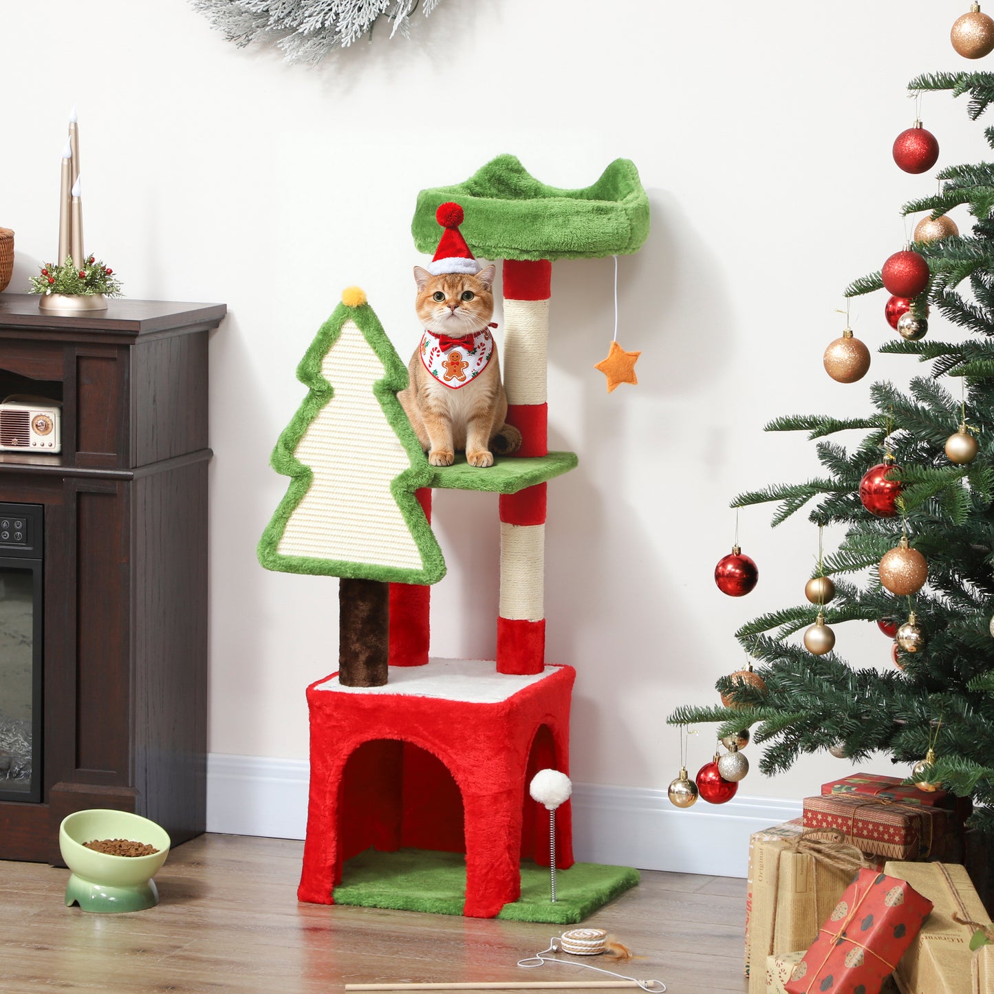 Christmas Cat Tree, 120cm Cat Tower with Scratching Post & Board, Platform, Toys, Green