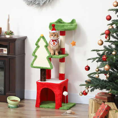 Christmas Cat Tree, 120cm Cat Tower with Scratching Post & Board, Platform, Toys, Green