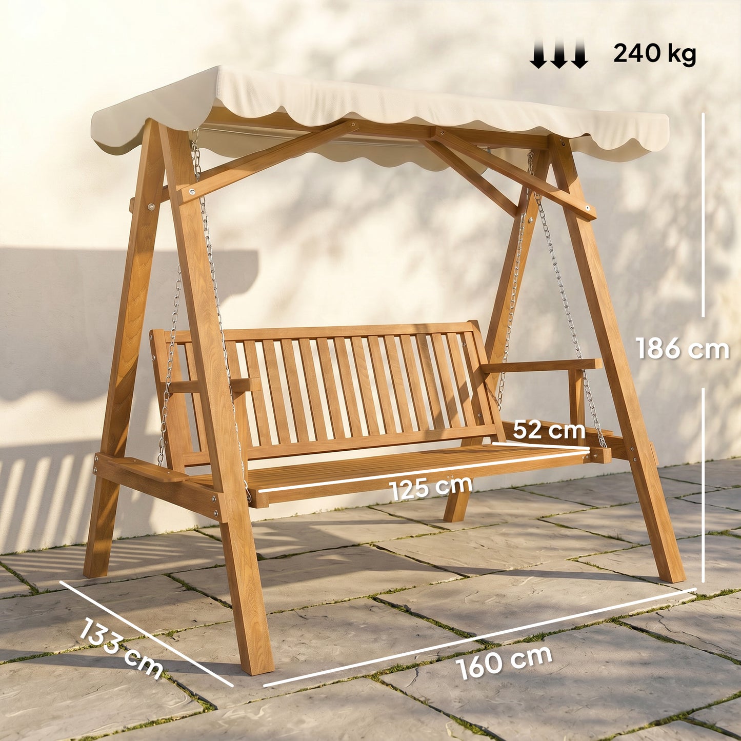2 Seater Garden Swing Seat with Canopy, Wooden Swing Chair, Outdoor Hammock Bench for Balcony Patio Porch, Cream White