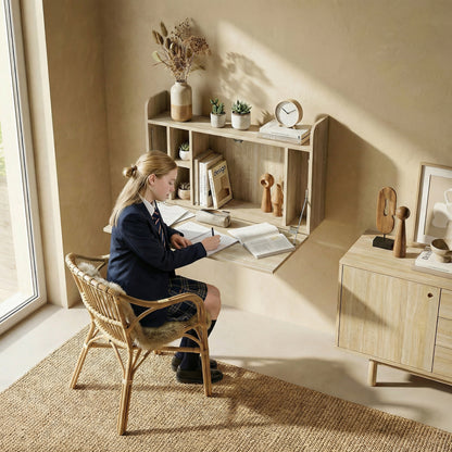 Wall Mounted Desk, Drop Leaf Floating Laptop Desk with Space Saving Storage Compartments for Home Office, Oak