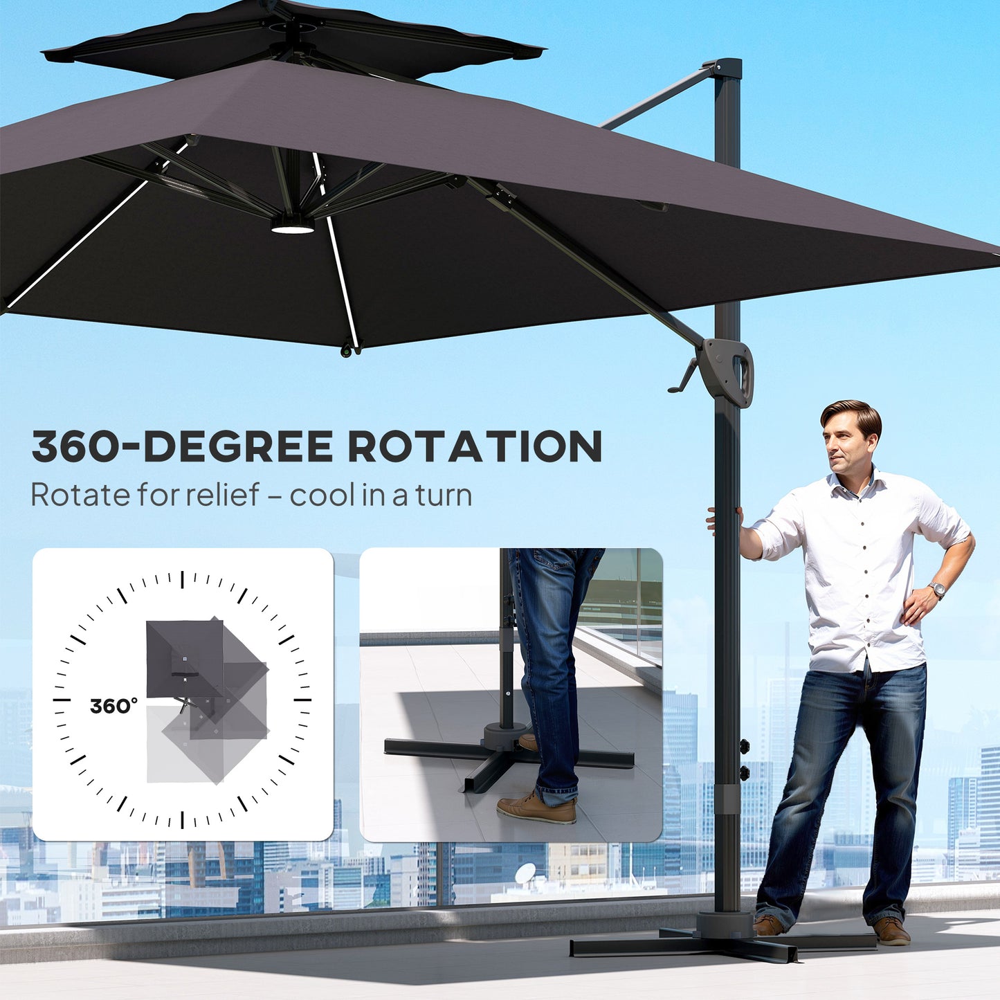 3.5x3 m Garden Cantilever Parasol with Solar LED Lights and Centre Light, Aluminium Large Square Patio Umbrella