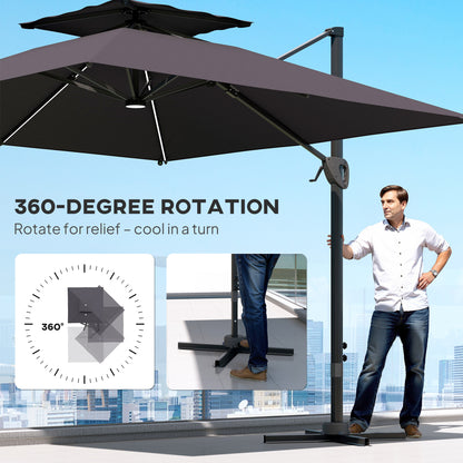 3.5x3 m Garden Cantilever Parasol with Solar LED Lights and Centre Light, Aluminium Large Square Patio Umbrella