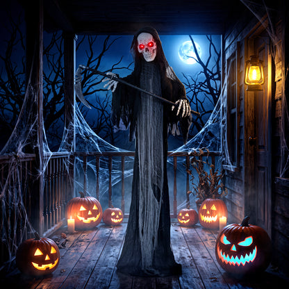 183cm Life Size Animated Grim Reaper Halloween Decoration, Scary Halloween Animatronics Decor with Sound Touch Activated