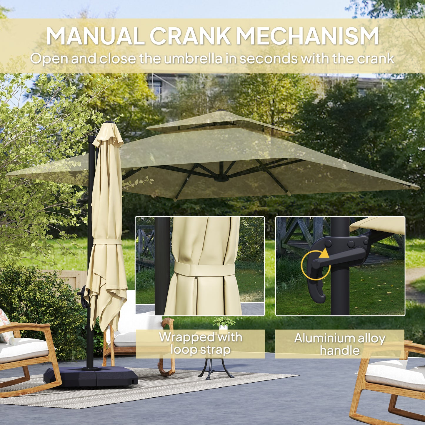 2.7 x 2.7 m Cantilever Parasol with Aluminium Frame, Crank and Tilt, 360-Degree Rotation, Double Top Garden Umbrella