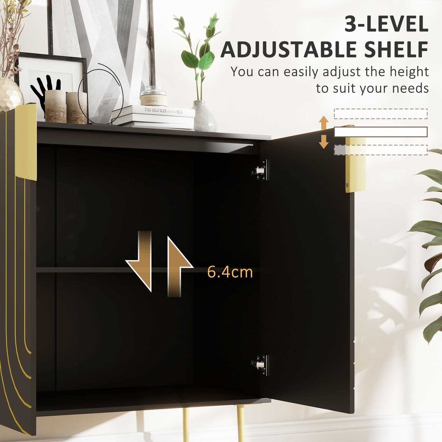 Art Deco Inspired Sideboard, with Adjustable Shelf - Black/Gold Tone