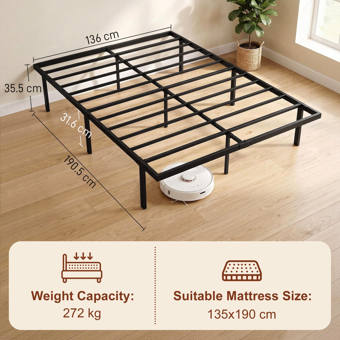 4ft6 Double Bed Frame with Underbed Storage, Metal Platform Bed Frame with Steel Slat Support, No Box Spring Needed