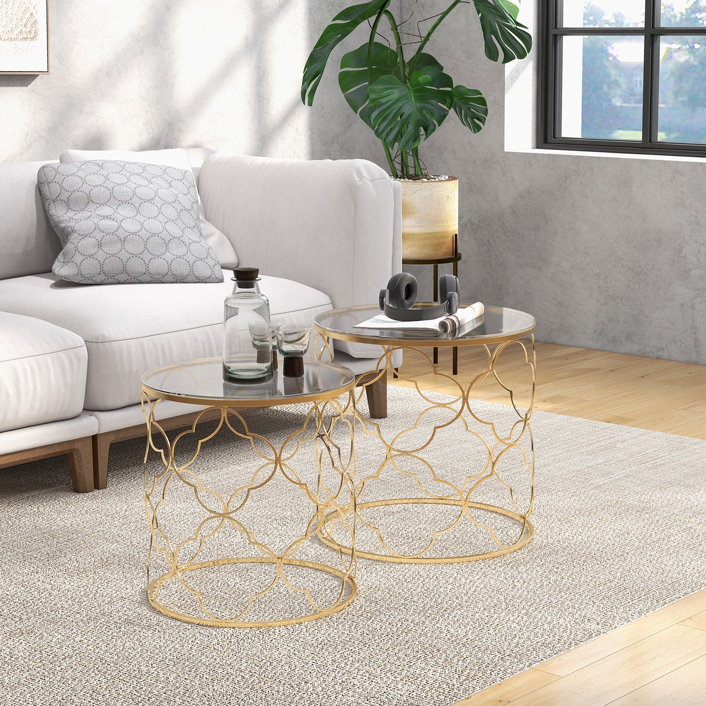 Nesting Tables Set of 2, Modern Stacking Side End Table with Tempered Glass Top, Metal Frame for Living Room Bedroom Office