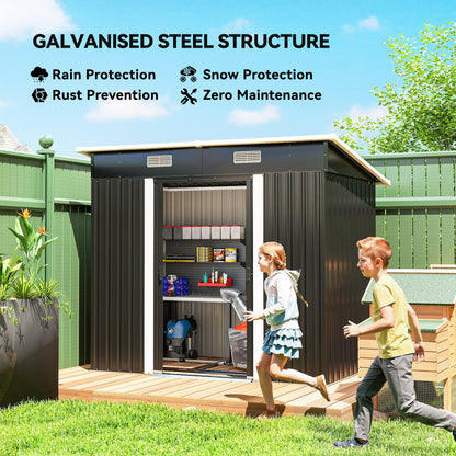 7 x 4ft Outdoor Storage Shed with Foundation Kit, Lean to Metal Garden Shed for Log, Rubbish Bin, Tool, Bike, Black
