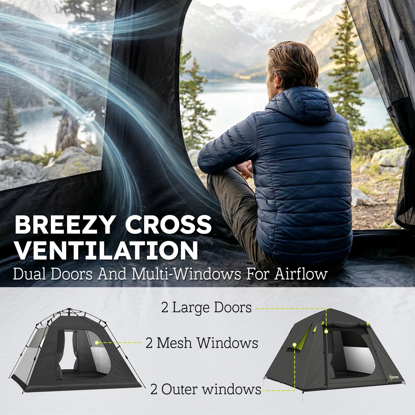 Camping Tent 3000mm Waterproof Tent with 2 Doors for 2 Person, Grey & Green