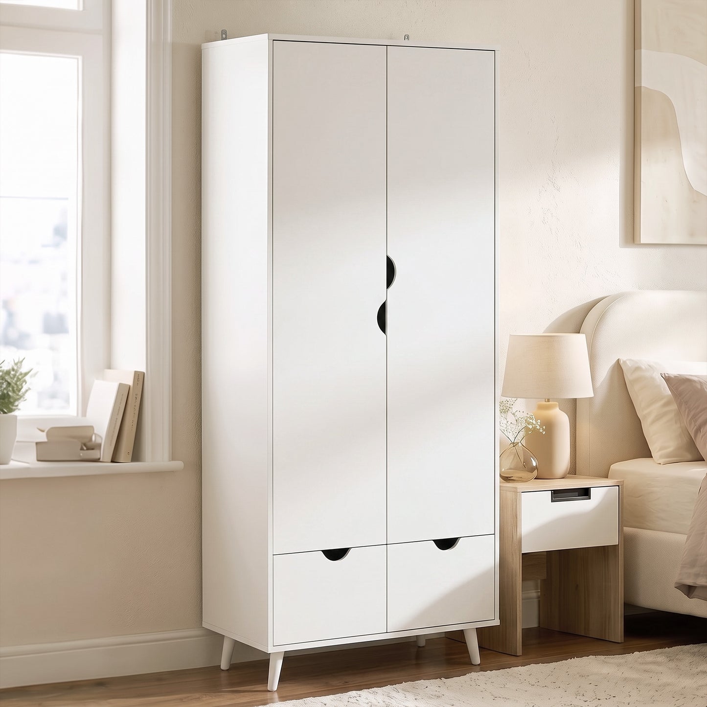 Elegant Home Storage Organisation Furniture, 2-Door Clothes Wardrobe with 2 Drawers, Wood Feet, White