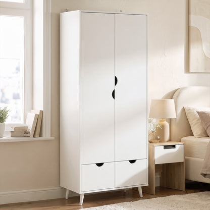 Elegant Home Storage Organisation Furniture, 2-Door Clothes Wardrobe with 2 Drawers, Wood Feet, White