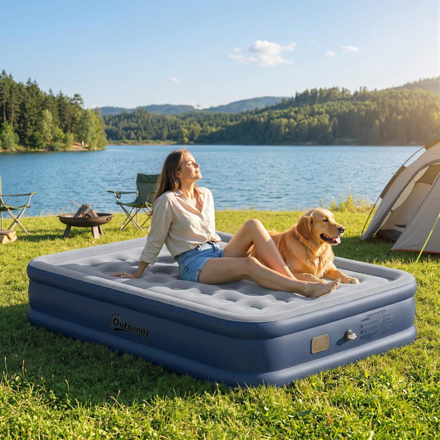 Inflatable Mattress, Double Air Bed with Built-in Electric Pump, 3 Mins Inflation, Flocked Surface, Grey