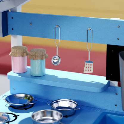 Kids Mud Kitchen Outdoor with Stoves, Sink, Faucet, Storage Shelves, Cookware Accessories for Boys Girls, Blue