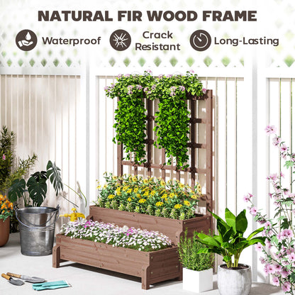 2-Tier Raised Garden Bed with Trellis, Wooden Elevated Planter Box with Drainage Holes