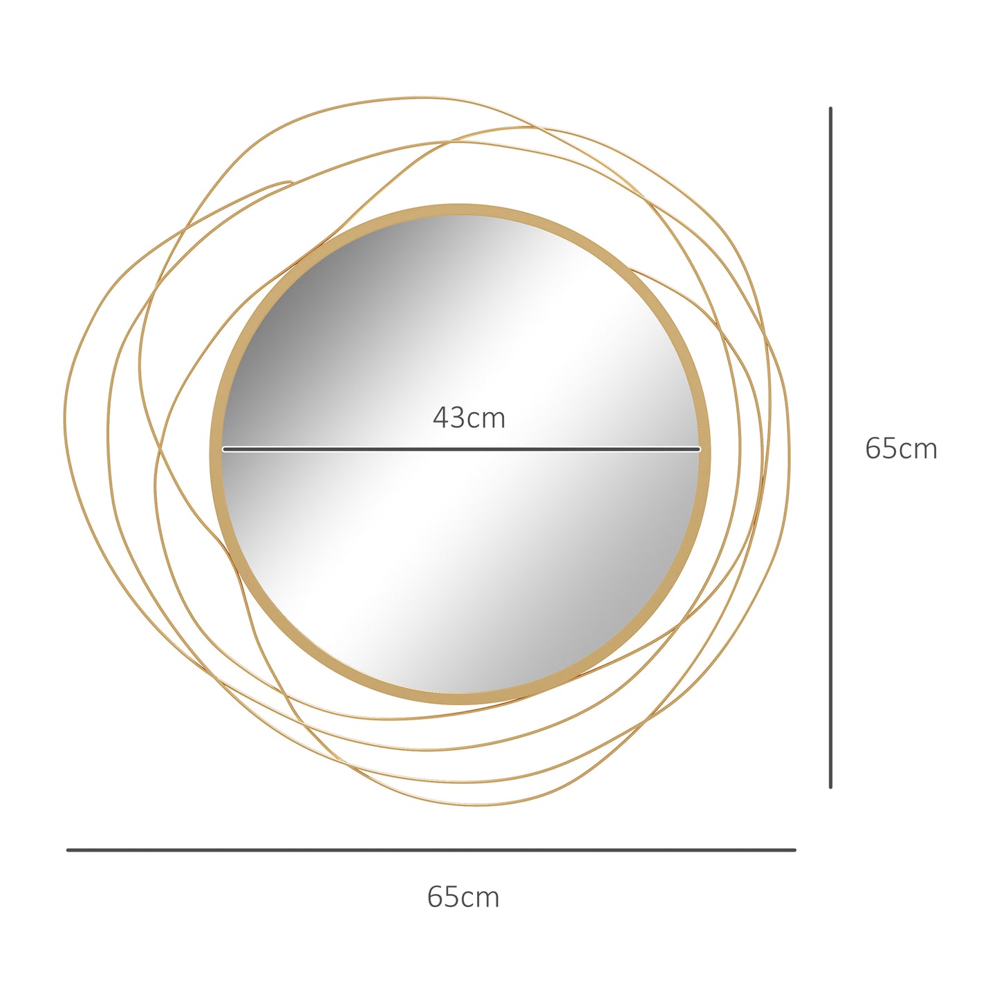 Metal Wall Art 65cm Modern Decorative Mirror Decor for Living Room Bedroom Dining Room, Gold Tone