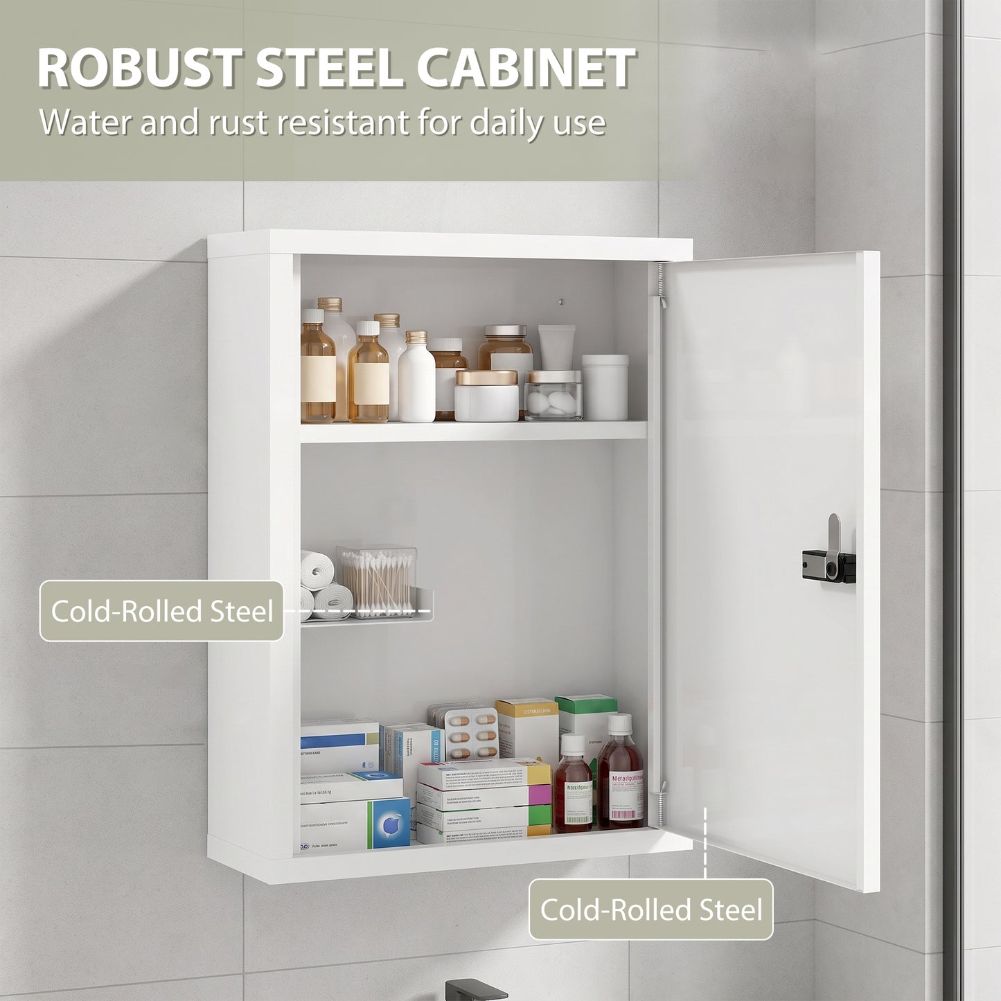 Wall Mount Medicine Cabinet, Bathroom Cabinet with Combination Lock, Door and Storage Shelves, White