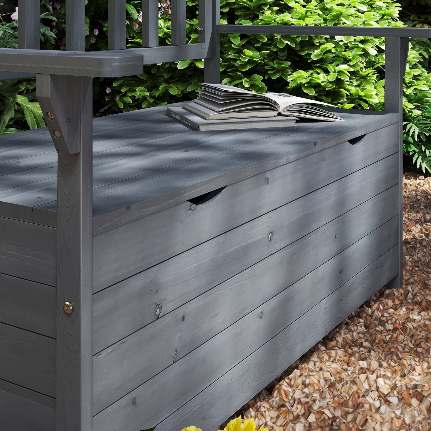 Outdoor 2 Seater Garden Bench, Wooden Bench with Storage, Backrest, Arm Rests, 112 x 84 x 58 cm, Grey