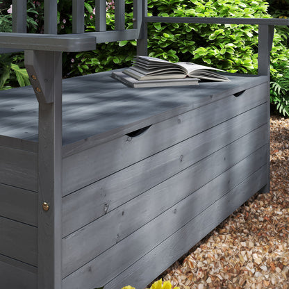 Outdoor 2 Seater Garden Bench, Wooden Bench with Storage, Backrest, Arm Rests, 112 x 84 x 58 cm, Grey