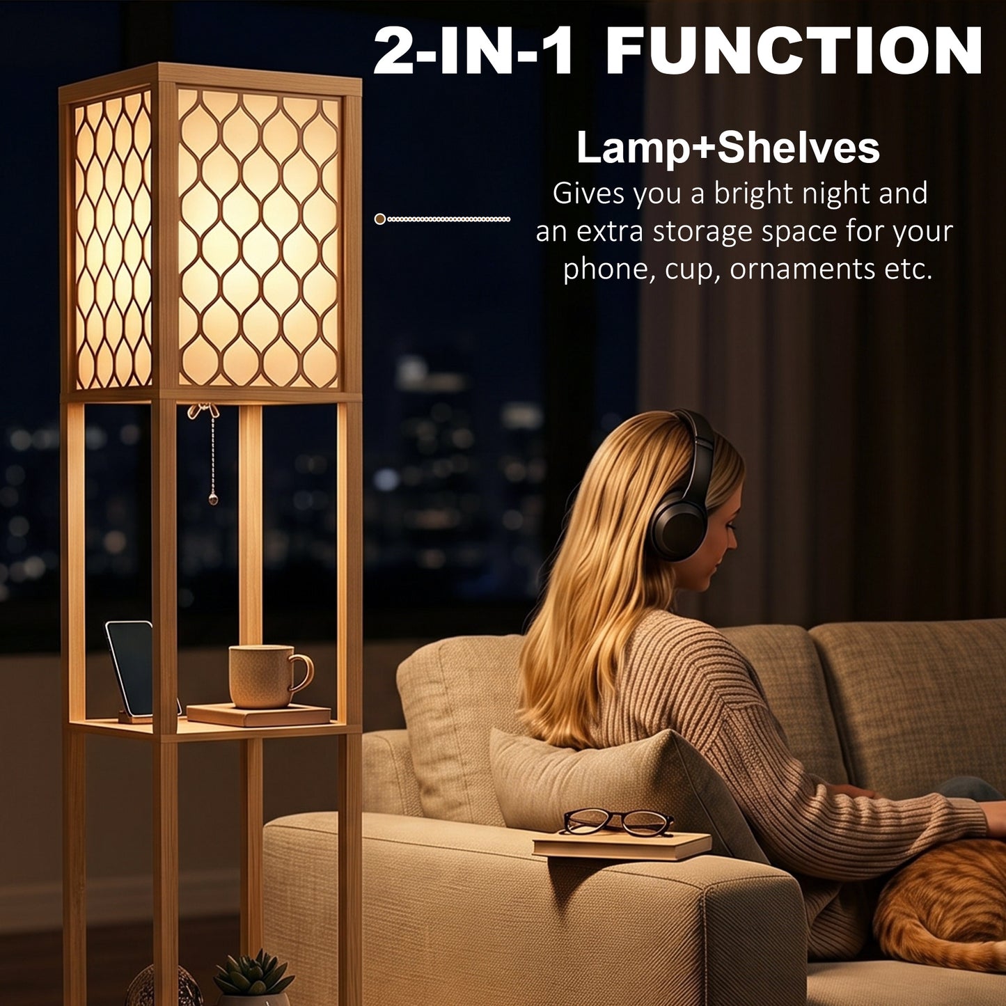 Floor Lamp with Shelves, Modern Tall Standing Lamp with Fabric Lampshades, Zipper Switch, Natural Wood Finish