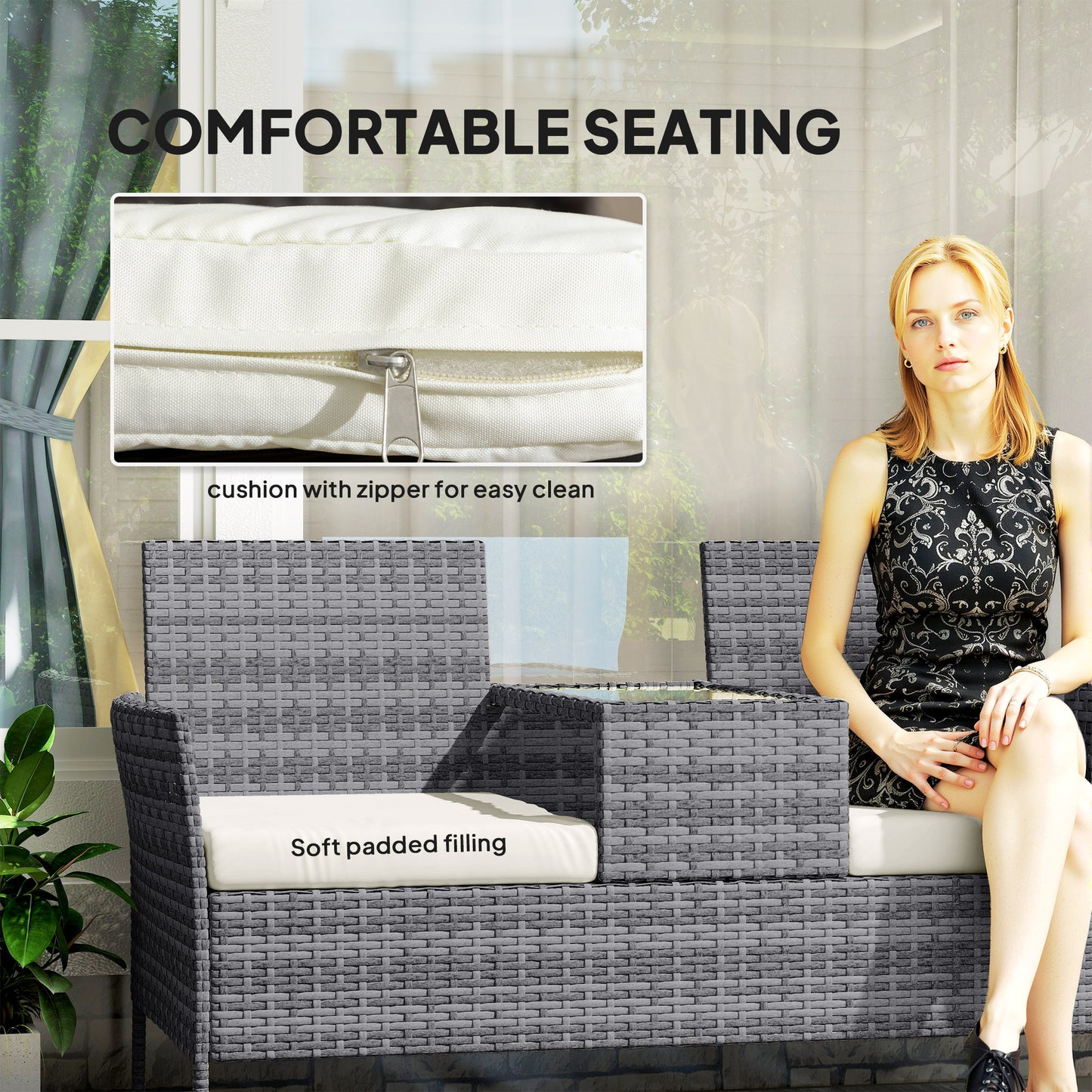Two-Seat Rattan Chair, with Middle Table - Grey