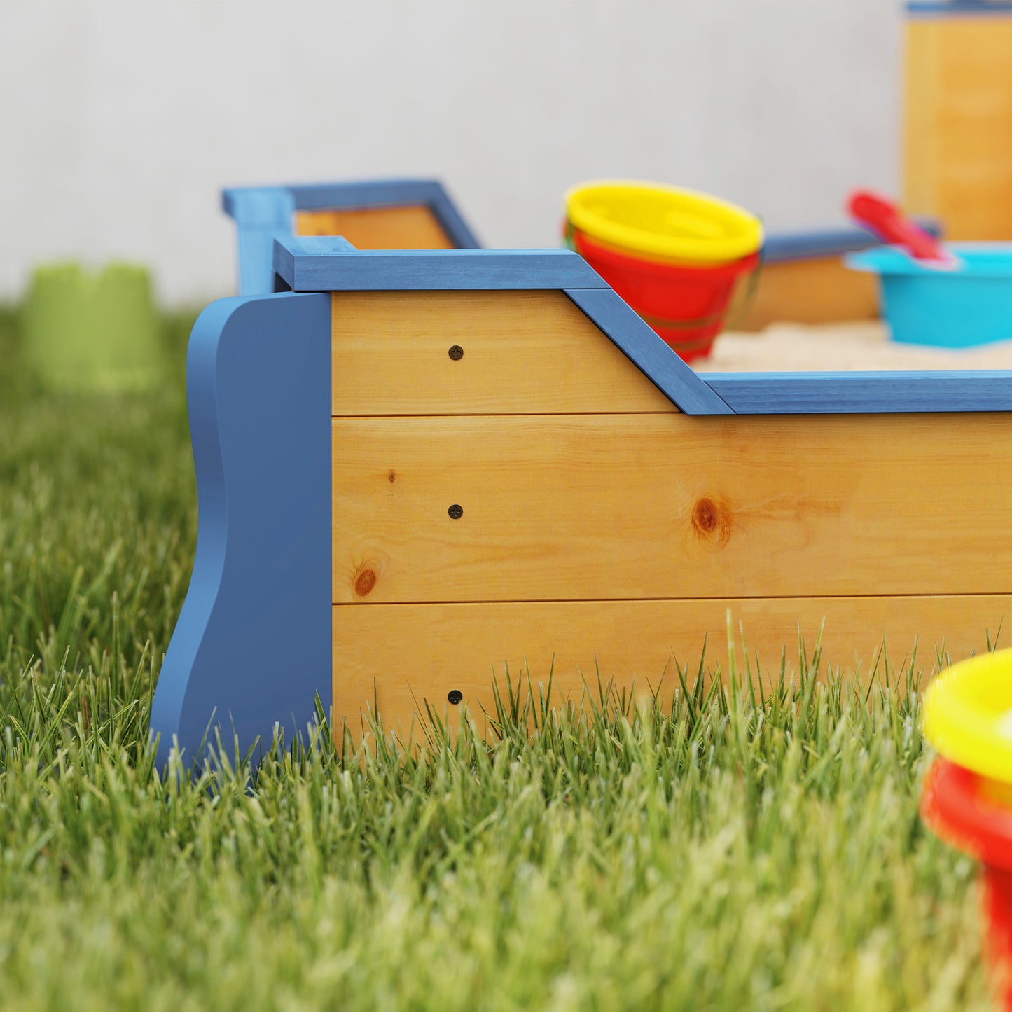 Kids Sand Pit, Children Pirate Ship Sandbox with Bench, Bottom Liner, Seat, Natural Wood Tone