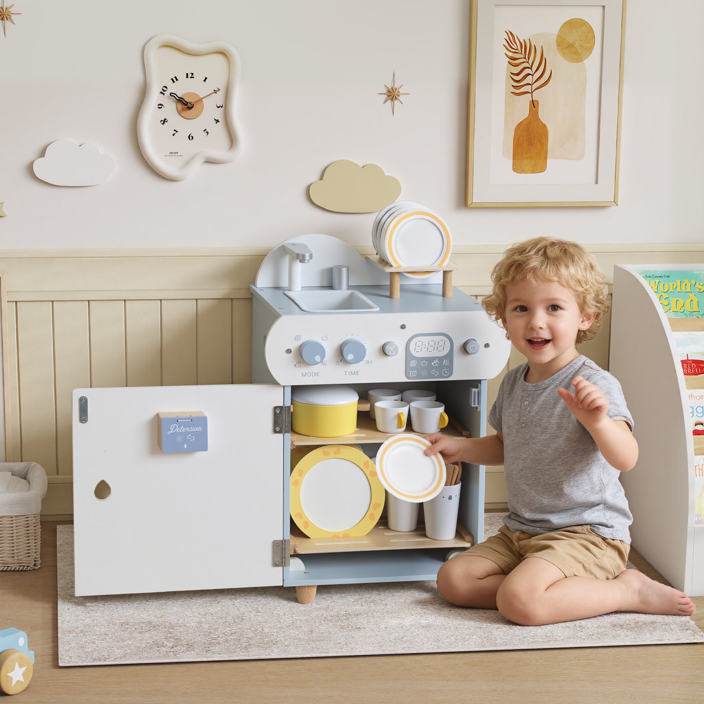 Wooden Dishwasher Playset, Kitchen Sink Toys with Faucet, Sink and Accessories, Gift for Boys Girls Toddlers