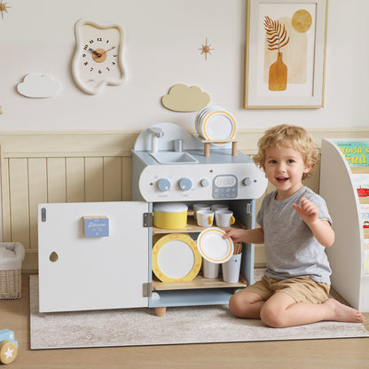 Wooden Dishwasher Playset, Kitchen Sink Toys with Faucet, Sink and Accessories, Gift for Boys Girls Toddlers