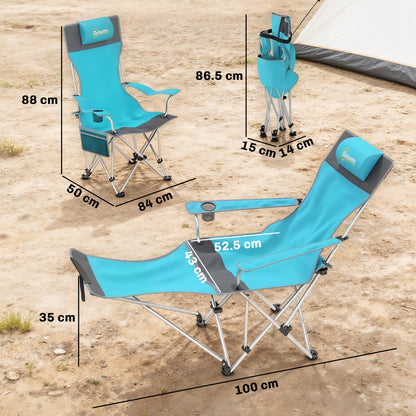 Set of 2 Reclining Folding Camping Chair w/ Detachable Footrest, Storage Bag, Cup Holder & Headrest, Blue and Grey