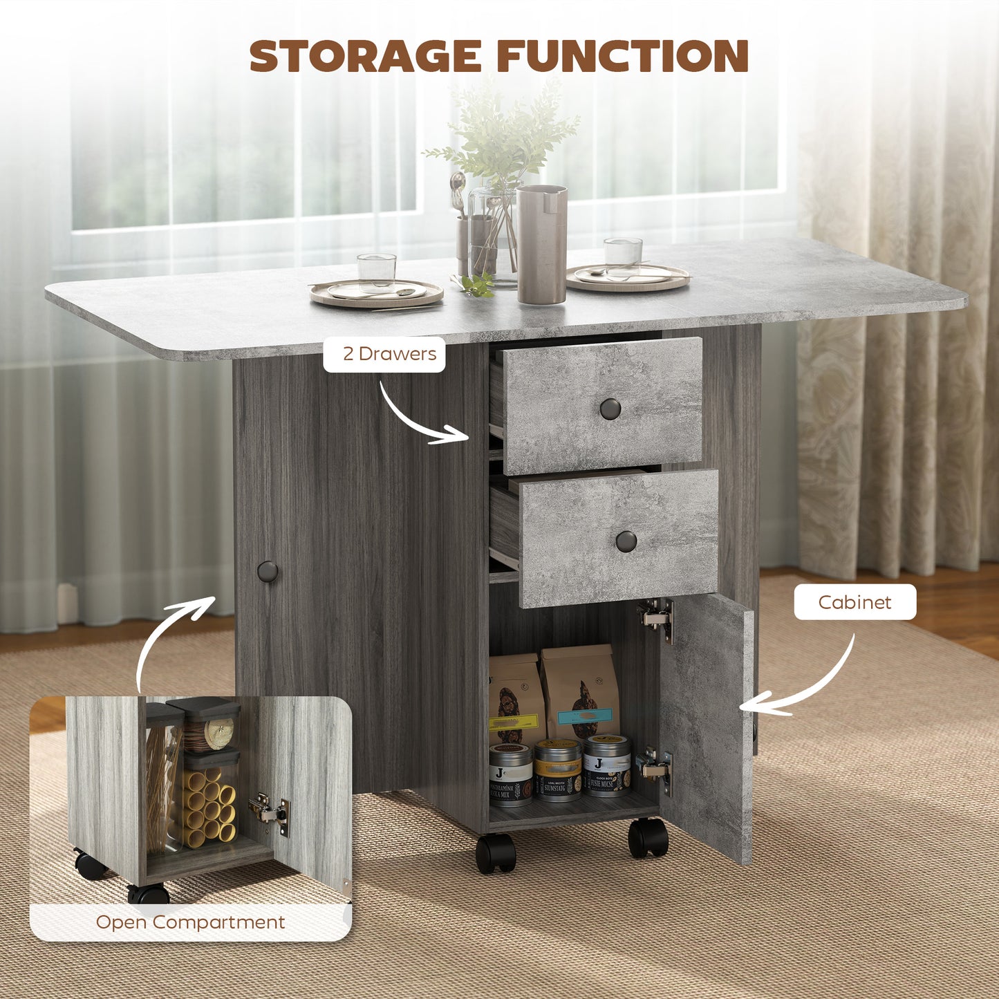 Multi-Storage Six-Person Drop Leaf Dining Table - Mixed Grey