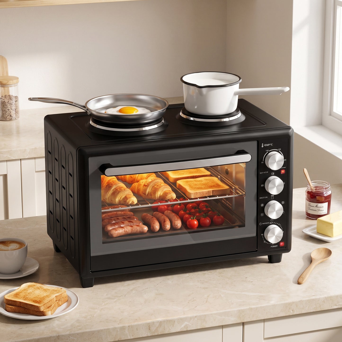 46L Mini Oven with Dual Hot Plates, Electric Countertop Cooker with Convection, 90–230°C Adjustable Temperature