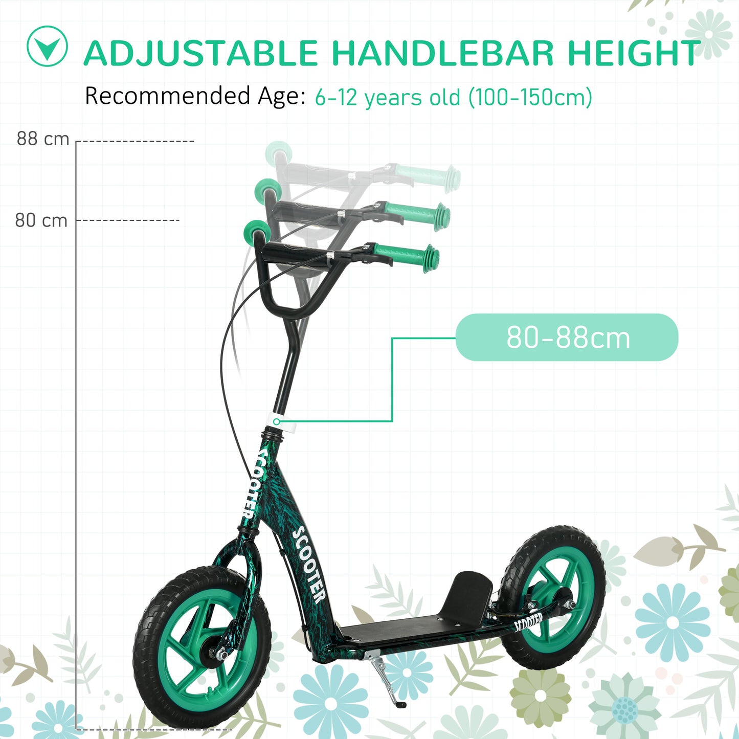Kids Scooter with Adjustable Handlebar, Children's Kick Scooter with Non-slip Footplate, Rear Brake, Kickstand, Green