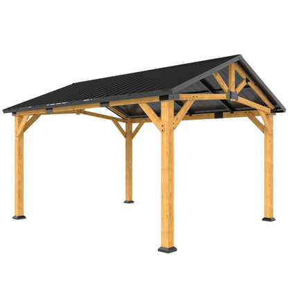 3.5 x 4 m Hardtop Gazebo Canopy with Galvanised Metal Roof, Fir Wood Frame and Hook for Patio, Garden, Black Grey