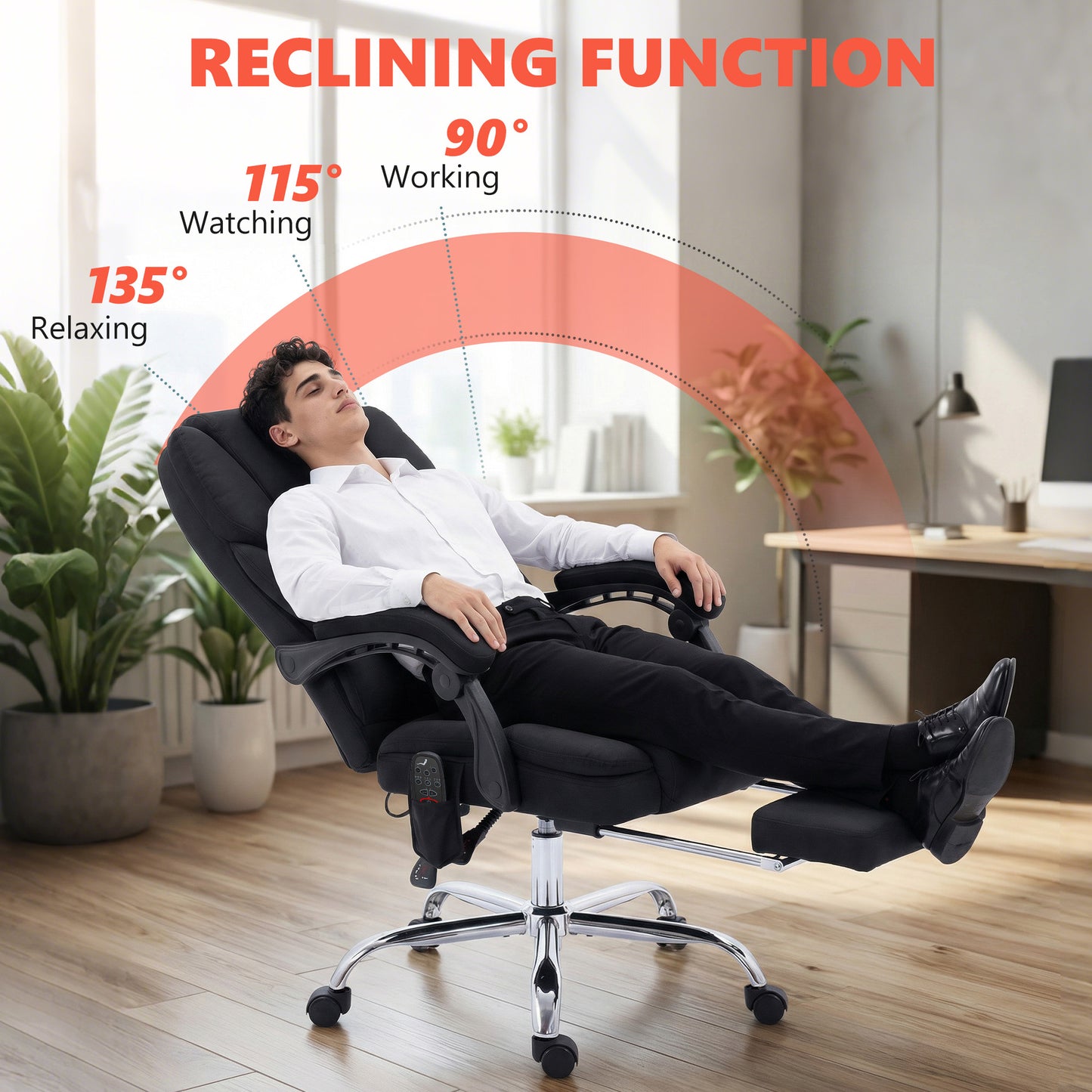Office Chair with 6-point Vibration Massage and Heat, Fabric Desk Chair with Footrest, High Back, Black