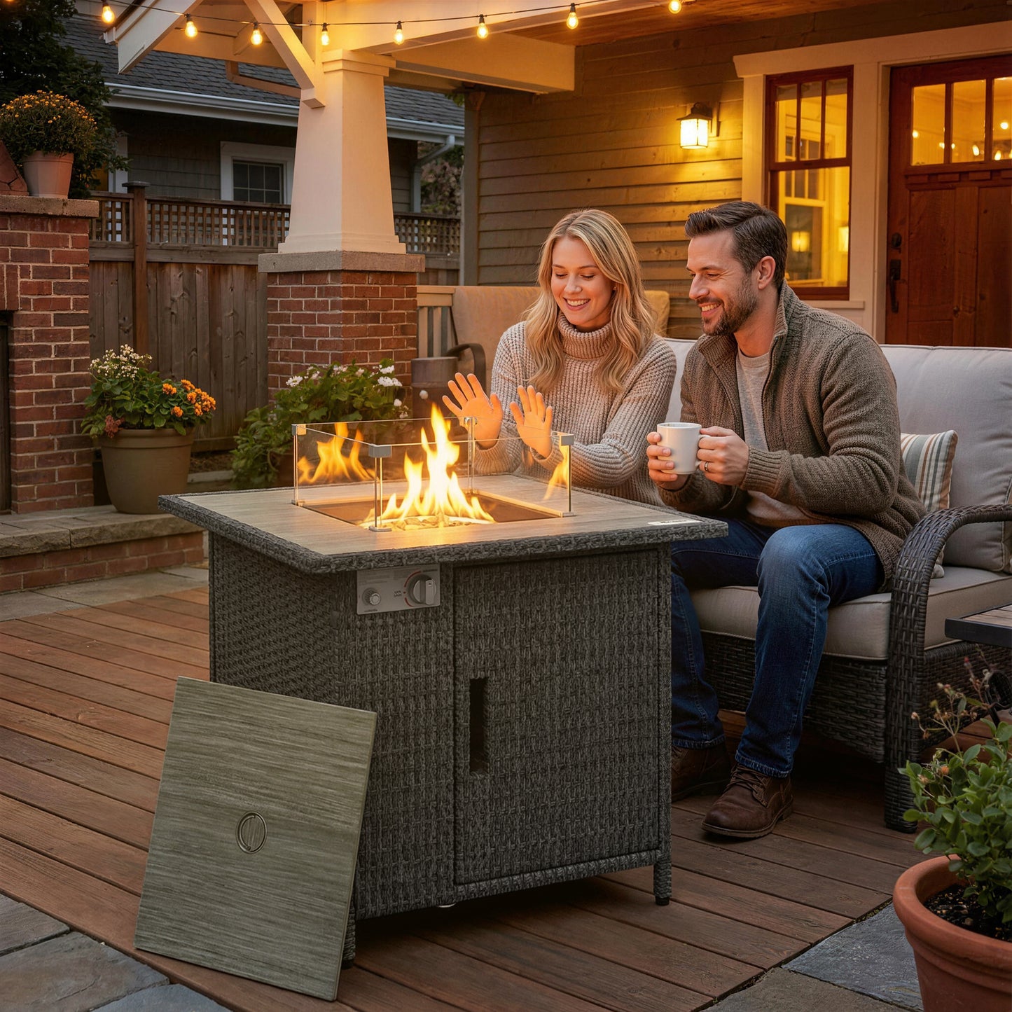 14.5 KW Rattan Gas Fire Pit Dining Table with Rain Cover, Wind Guard, Lid, Lava Rocks, Dark Grey