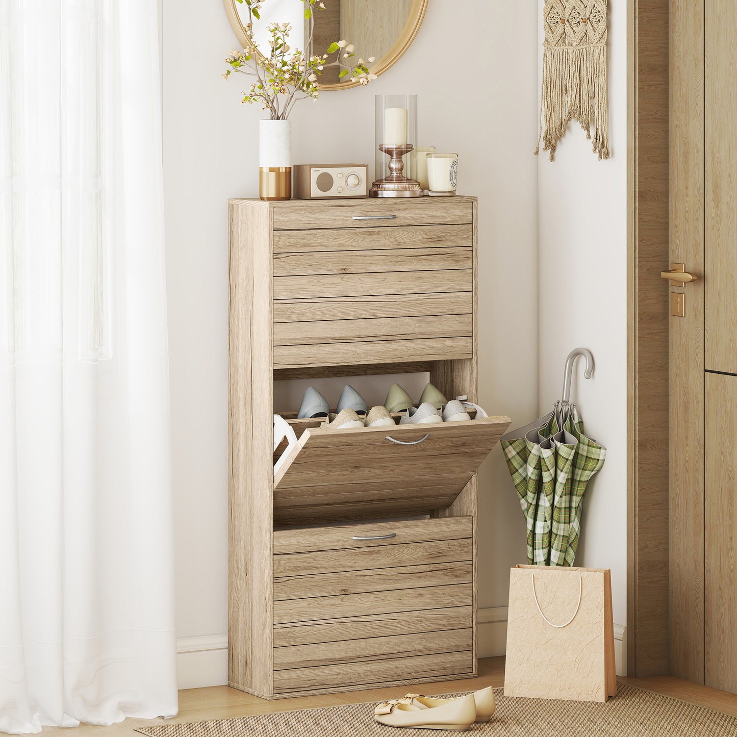 12-Shoe Flip Drawer Storage Cabinet - Brown Wood-Effect