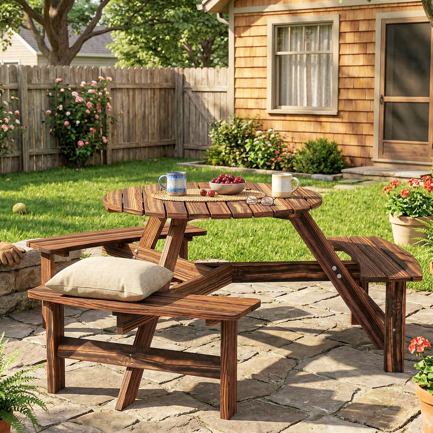 Wooden Garden Dining Set, 6 Seater Round Dining Picnic Table with Matching Bench