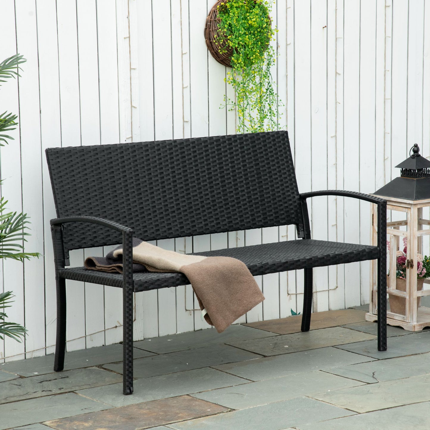 2 Seater Poly Rattan Garden Bench, All Weather Wicker Garden Loveseat, Outdoor Seating Bench with 240 Load Capacity